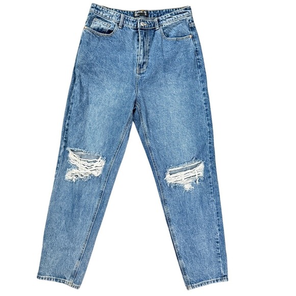 PrettyLittleThing Mid Blue Denim Knee Rip Mom Jeans Women's Size 8 US - Picture 1 of 5